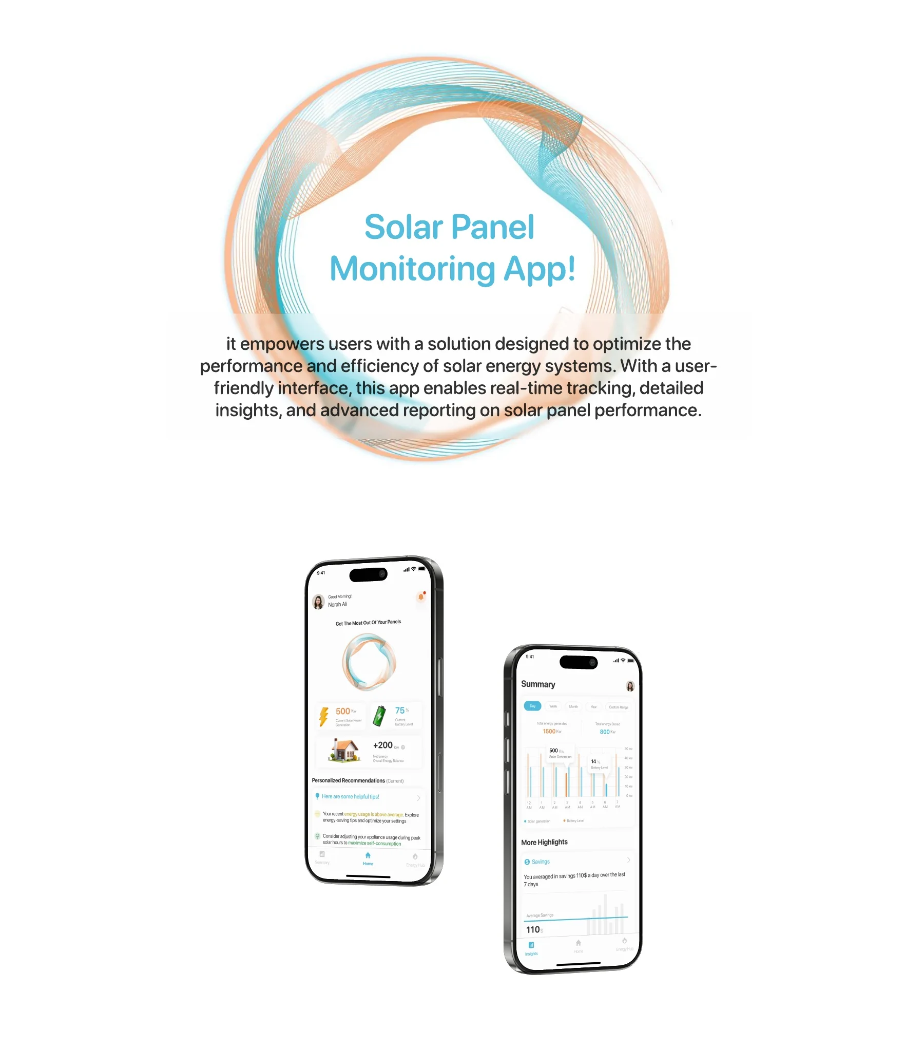 Solar monitoring App — full continuous project board: Solar monitoring app concept and mobile interface overview